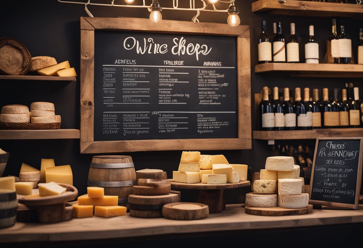 A cozy, rustic cheese and wine shop with wooden shelves, barrels, and a chalkboard menu. Warm lighting and a welcoming atmosphere
