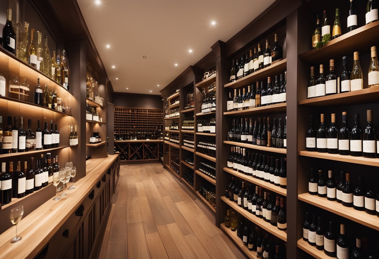 A cozy wine shop in Hereford, with shelves of bottles, wooden tables, and a warm, inviting atmosphere