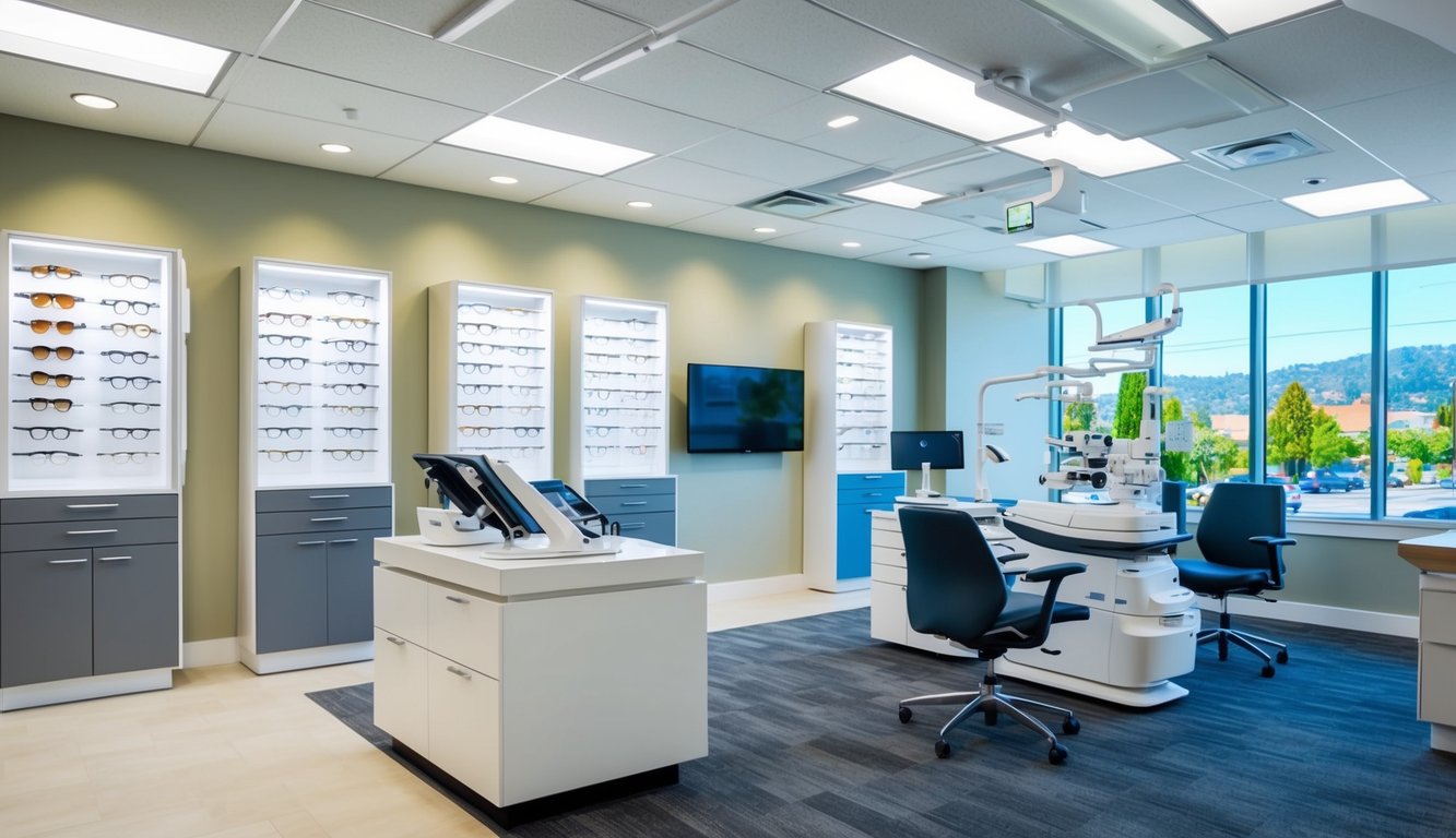 Una moderna oficina de optometría con elegantes exhibiciones de gafas y equipo de última generación, ubicada en una bulliciosa zona comercial de Palo Alto, California.