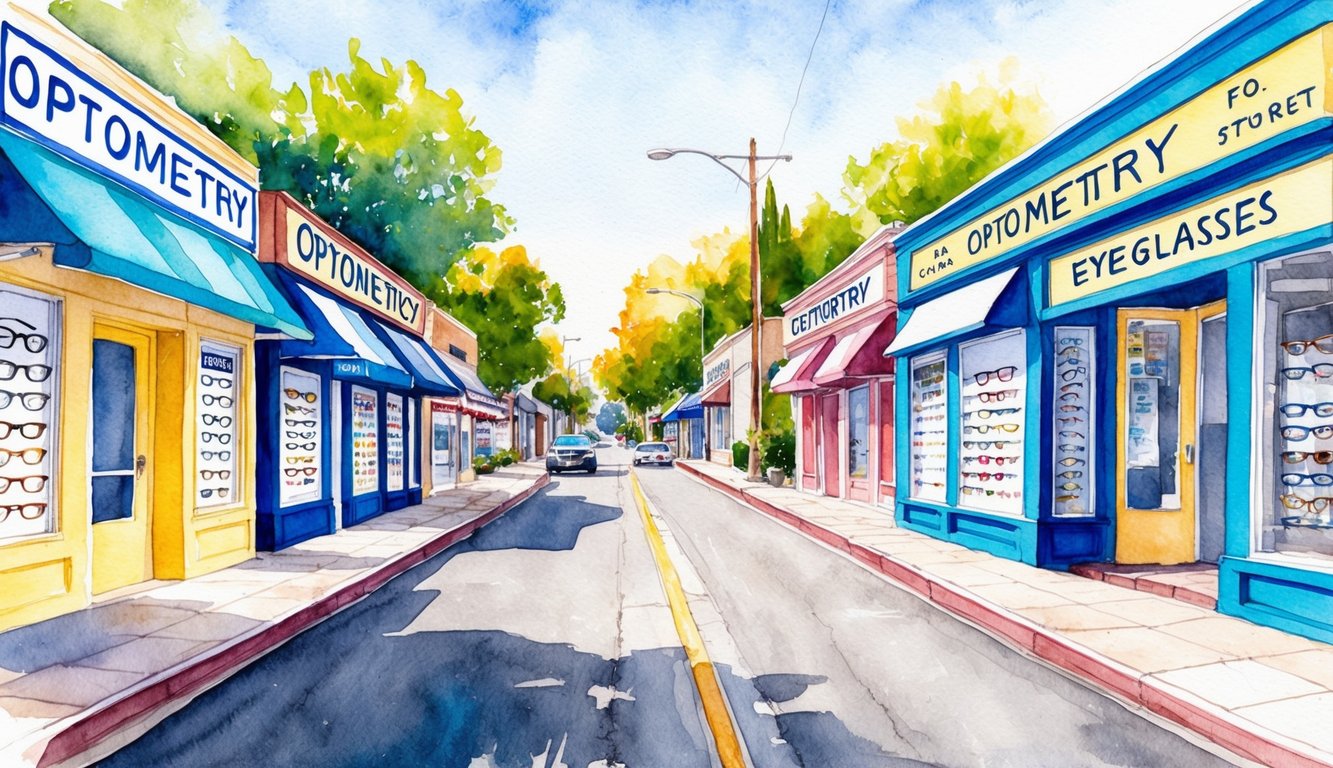 Una calle soleada en Palo Alto, California, alineada con cinco diferentes tiendas de optometría, cada una exhibiendo coloridas gafas y letreros atractivos.