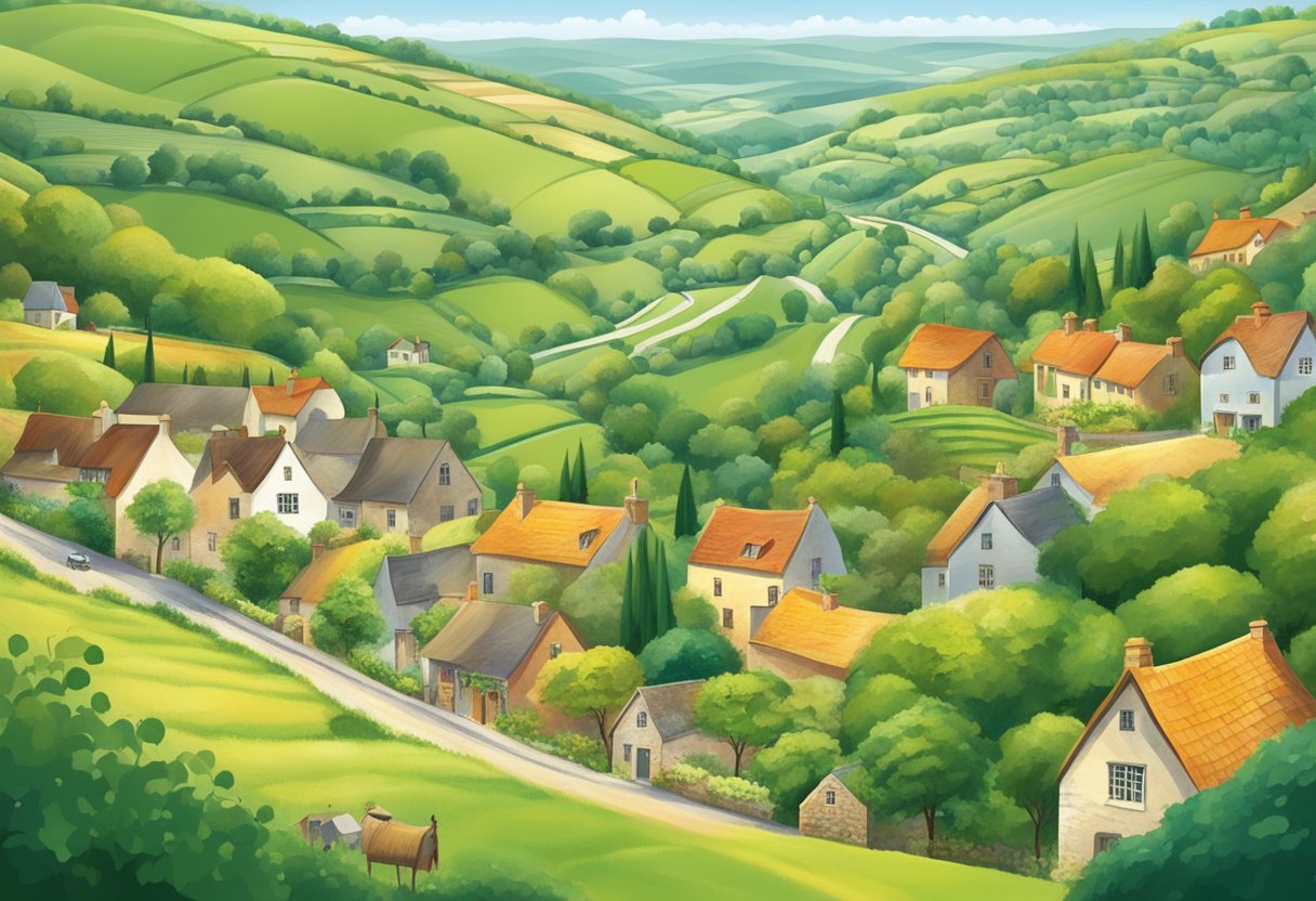 Rolling hills, lush green countryside, quaint villages with charming cottages, and historic market towns with bustling local markets