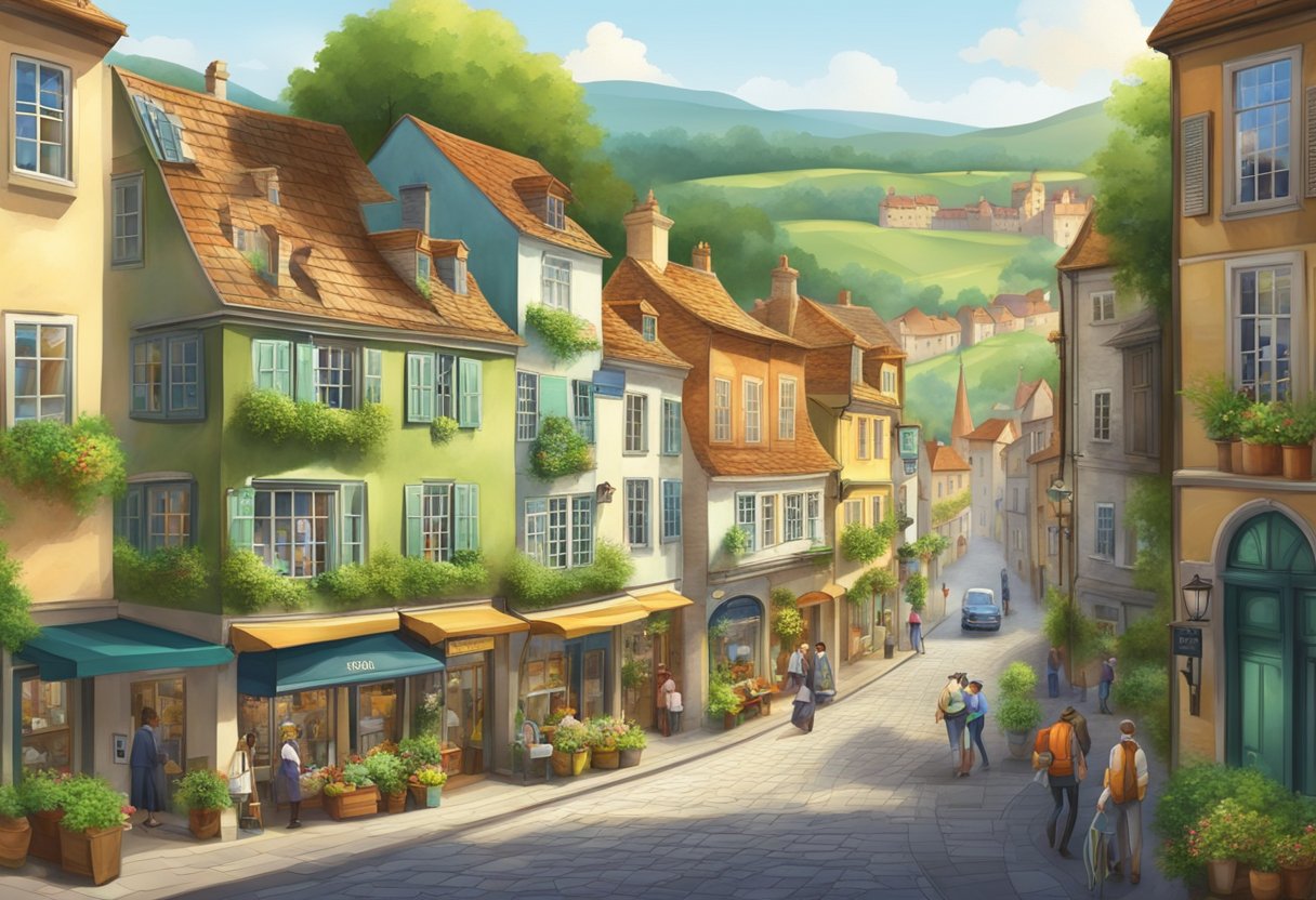 A bustling city center with historic buildings and charming shops surrounded by green countryside