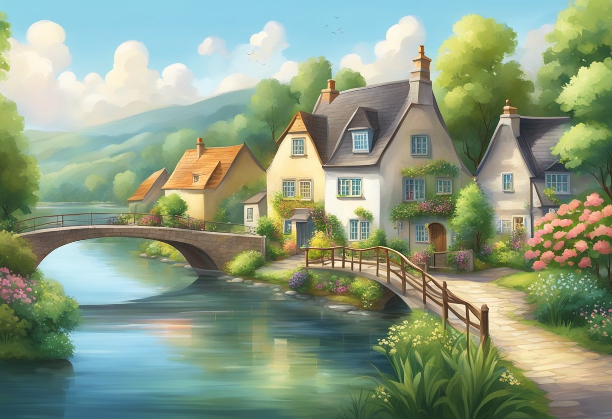 A tranquil riverside town with charming cottages, lush greenery, and a picturesque bridge spanning the river