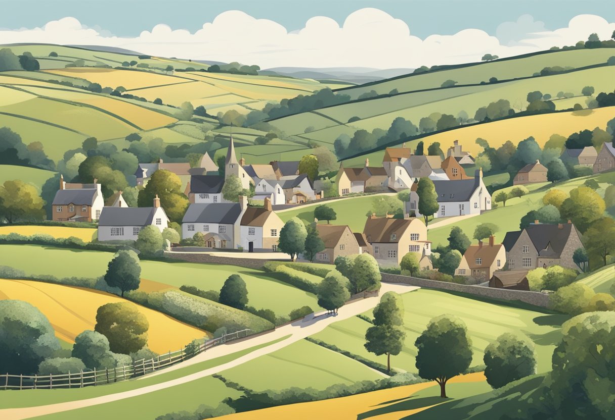 A picturesque village nestled in the rolling hills of Herefordshire, with charming cottages and a bustling community center