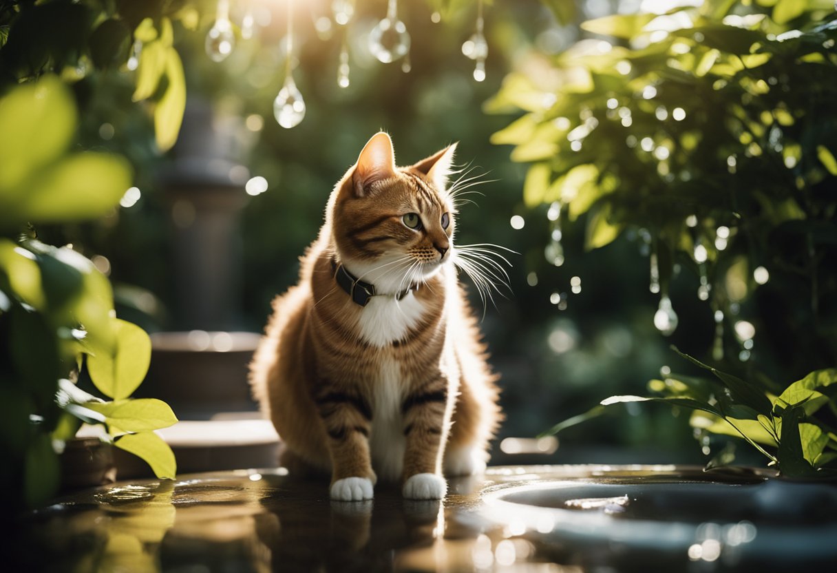 Um gato bebendo de uma fonte de água corrente, cercado por uma vegetação exuberante e a luz do sol filtrando através das folhas