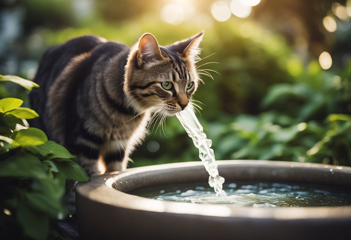 Um gato bebendo de uma fonte de água corrente, cercado por uma vegetação exuberante