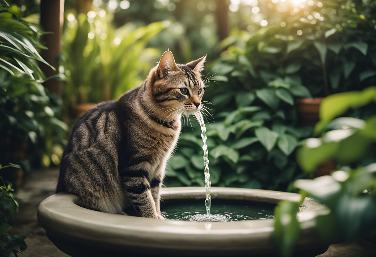 Um gato bebendo de uma fonte de água corrente, cercado por uma vegetação exuberante e um ambiente tranquilo