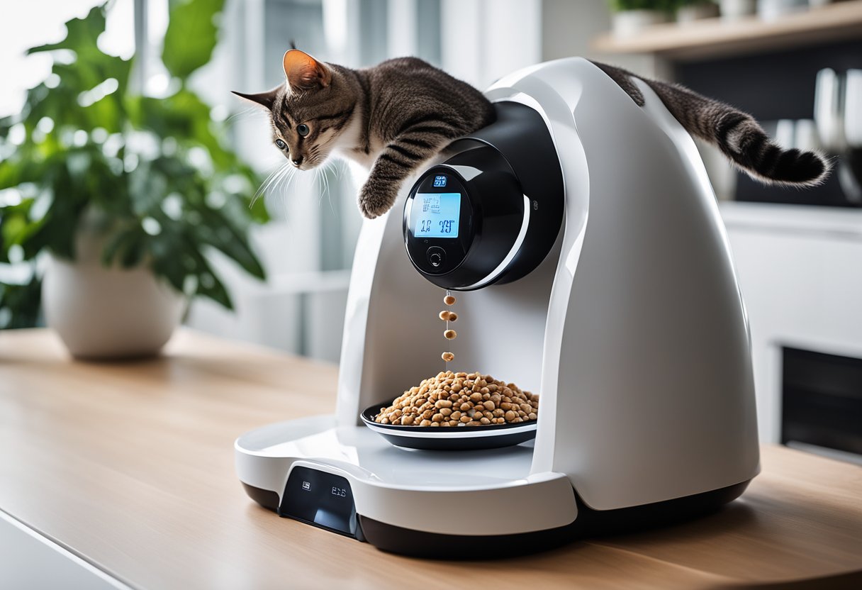 Um alimentador inteligente para pets dispensa comida à medida que um gato se aproxima ansiosamente. O dispositivo possui um display digital e um design moderno e elegante.