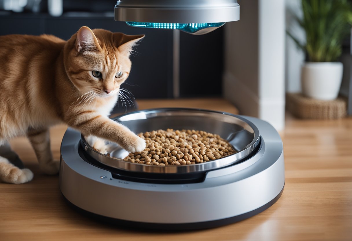 Um alimentador automático para pets distribui comida em uma tigela enquanto um gato espera ansiosamente nas proximidades. O display digital do dispositivo mostra o horário programado para a alimentação.