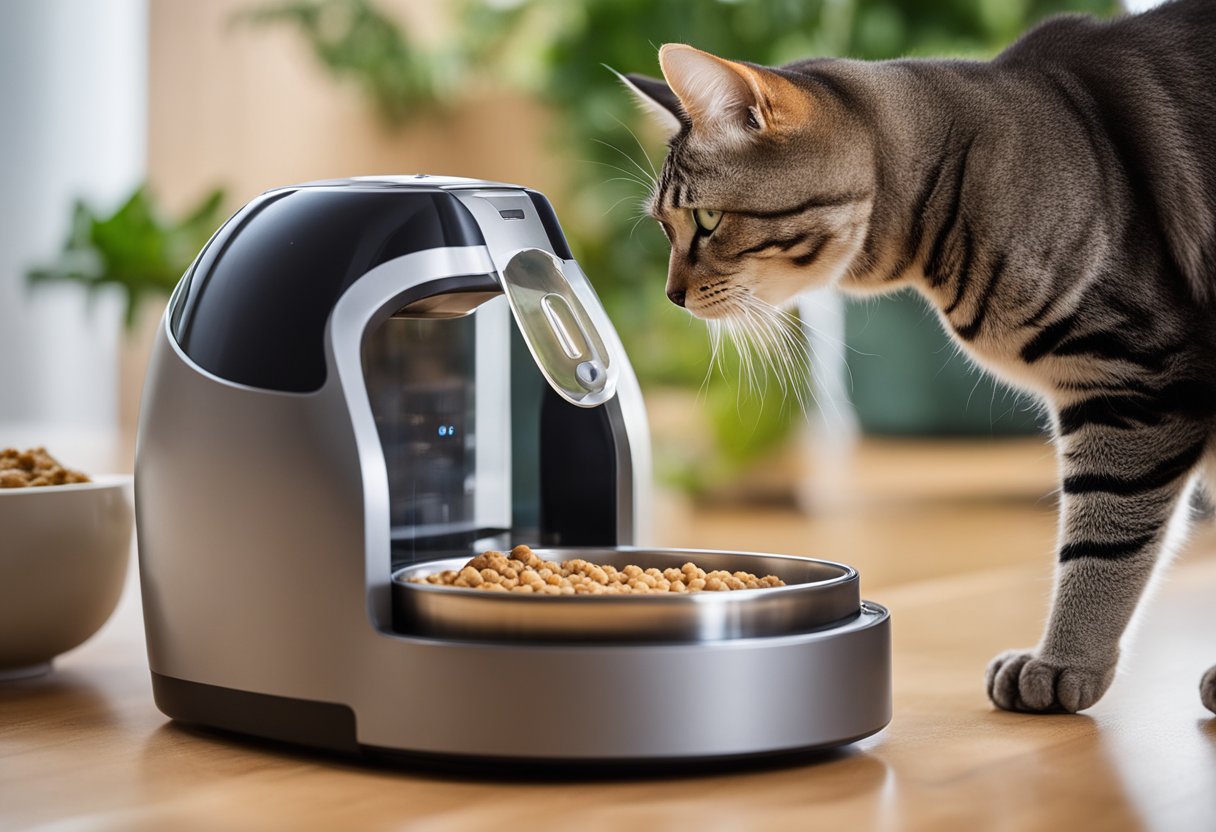 Um alimentador inteligente para pets dispensando comida enquanto um gato se aproxima ansiosamente. O display digital do alimentador mostra a porção restante de comida, enquanto o pet desfruta dos benefícios da alimentação programada e controlada.