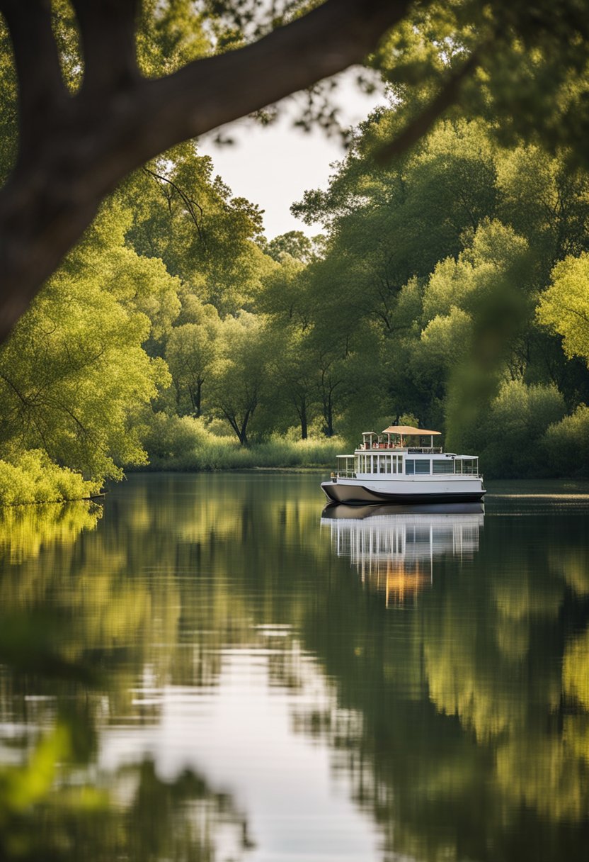 A paddle boat glides through calm waters in a lush Waco park. Trees and greenery line the shore under a clear blue sky