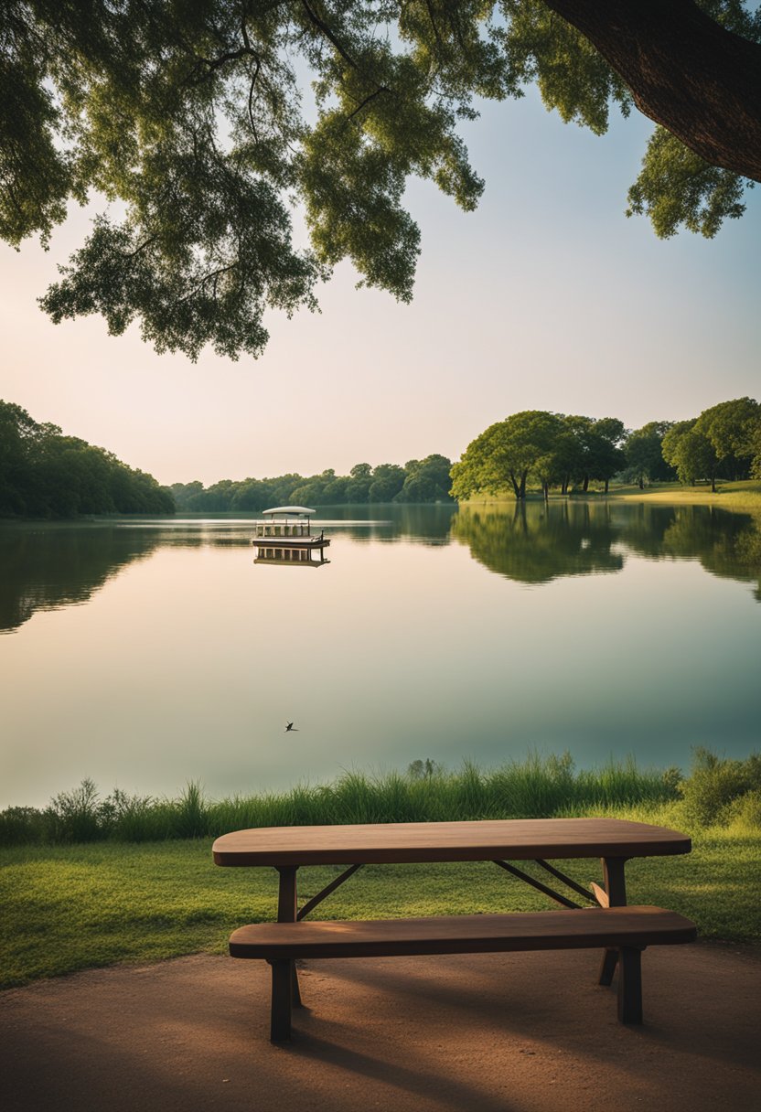 A serene lake in a Waco park with paddle boats gliding on the water, surrounded by lush greenery and the distant city skyline