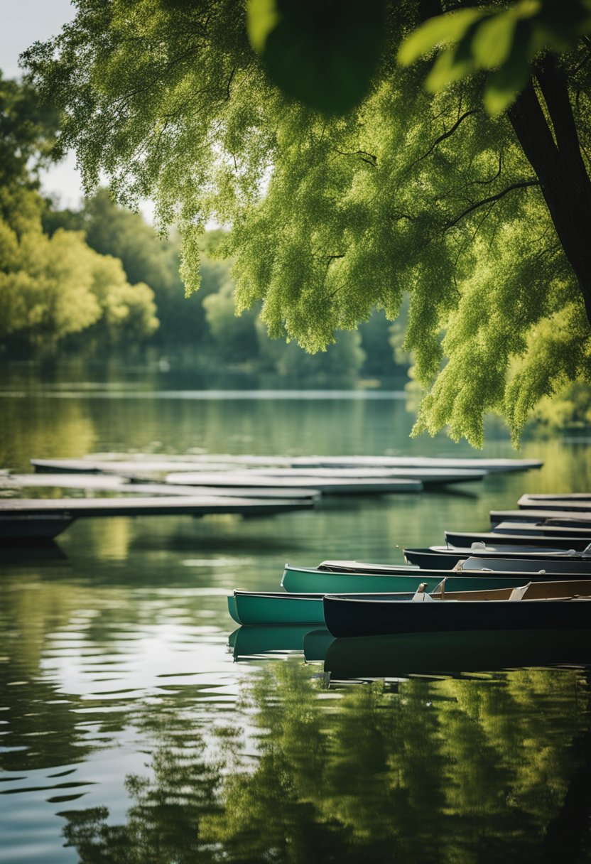 A serene lake in a lush park, with paddle boats gliding on the water and a backdrop of towering trees and vibrant greenery