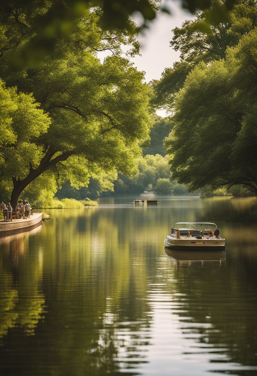 A sunny day on the calm waters of a Waco park, with paddle boats gliding across the surface amidst lush greenery and the sound of nature