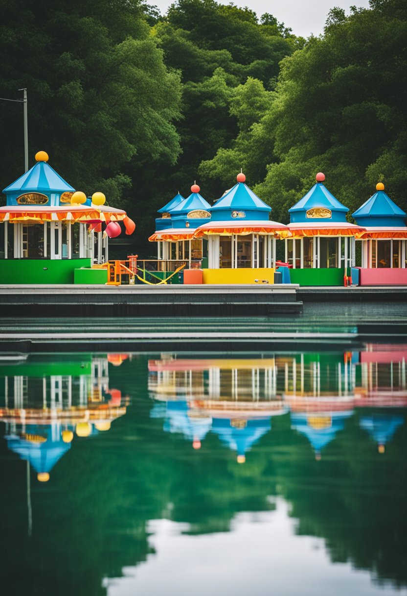 A serene lake in a lush park setting, with colorful paddle boats lined up along the shore and a rental booth nearby