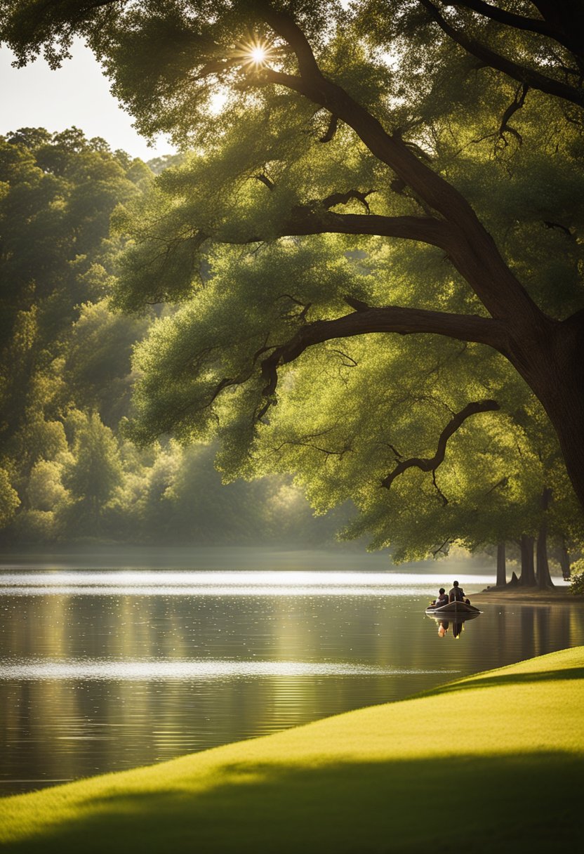 A serene lake with lush greenery, paddle boats gliding peacefully under the warm sun in Waco's scenic parks