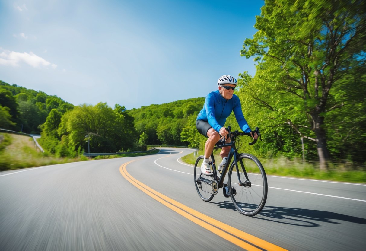 A 60-year-old cyclist speeding down a winding road, surrounded by lush green trees and a clear blue sky