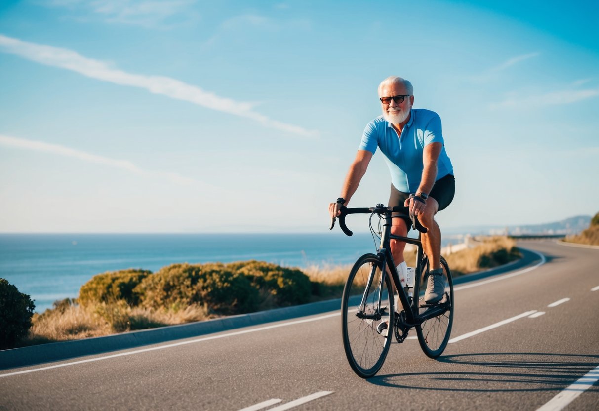 A 60-year-old cyclist confidently rides along a scenic coastal road, with a clear blue sky and gentle ocean breeze
