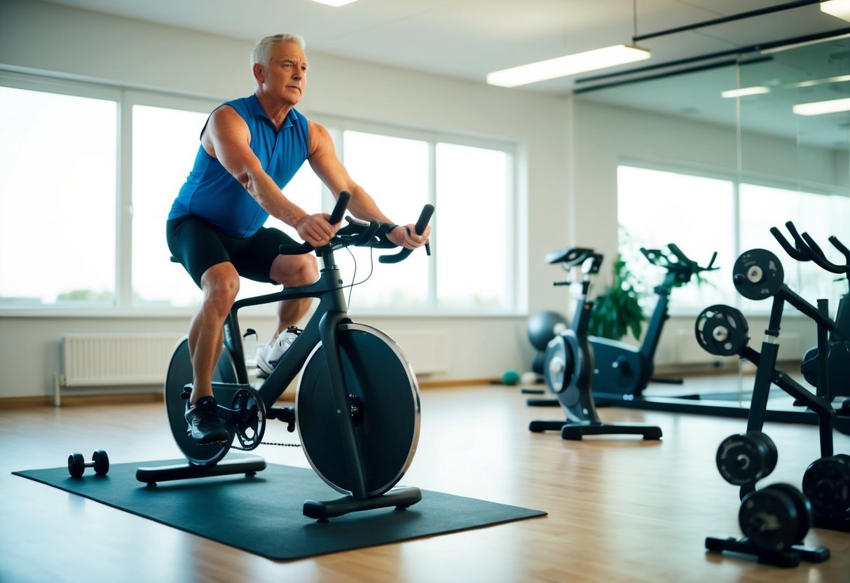 A 60-year-old cyclist performs complementary exercises in a bright, open gym with a stationary bike, yoga mat, and free weights