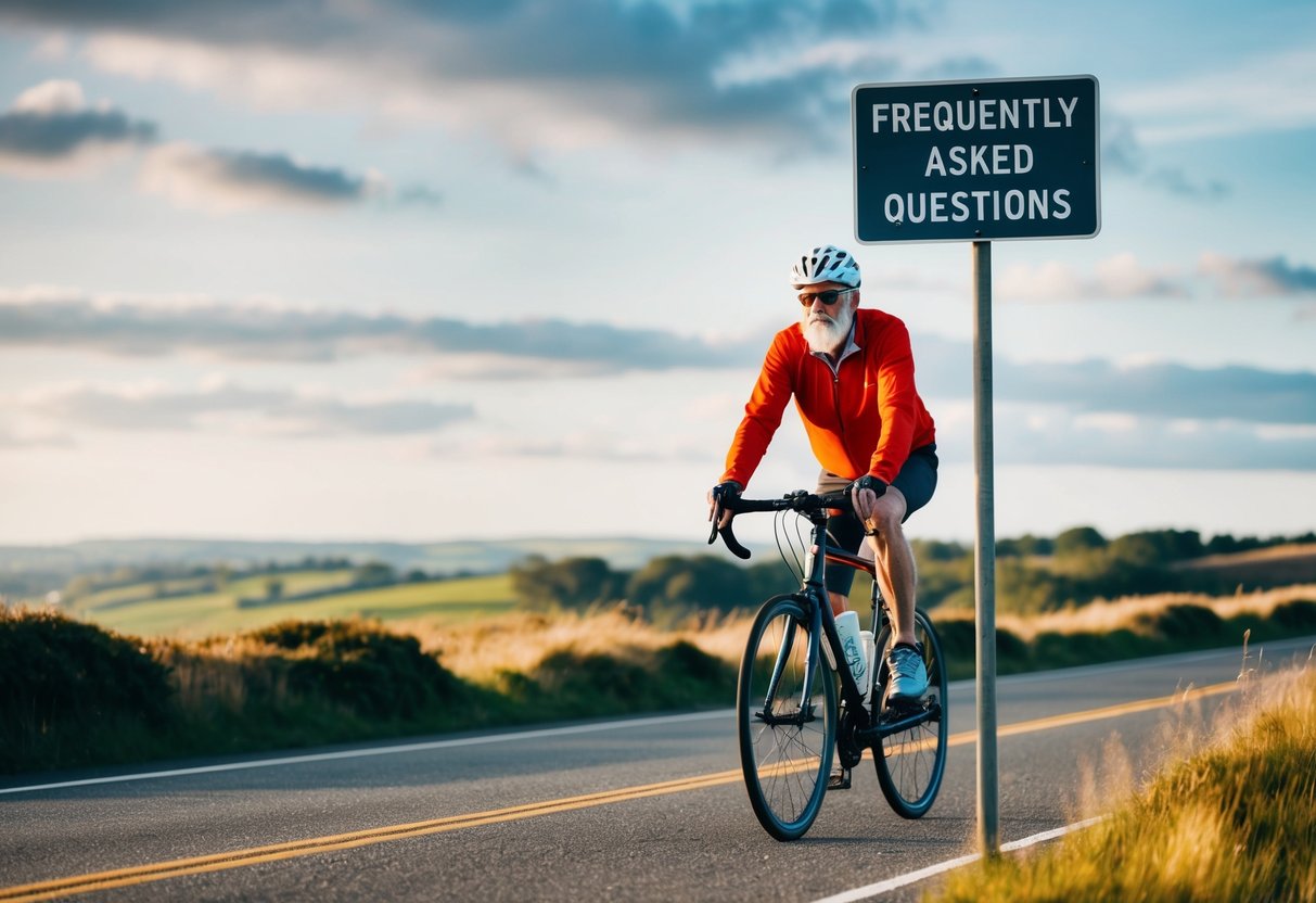 A 60-year-old cyclist riding a bike on a scenic road, passing by a signpost with "Frequently Asked Questions" written on it