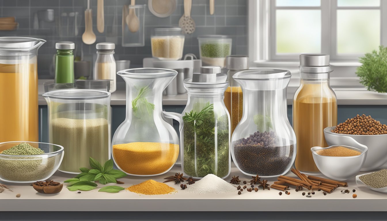 A clear measuring cup filled with liquid, surrounded by various bottles of spices and herbs on a kitchen counter