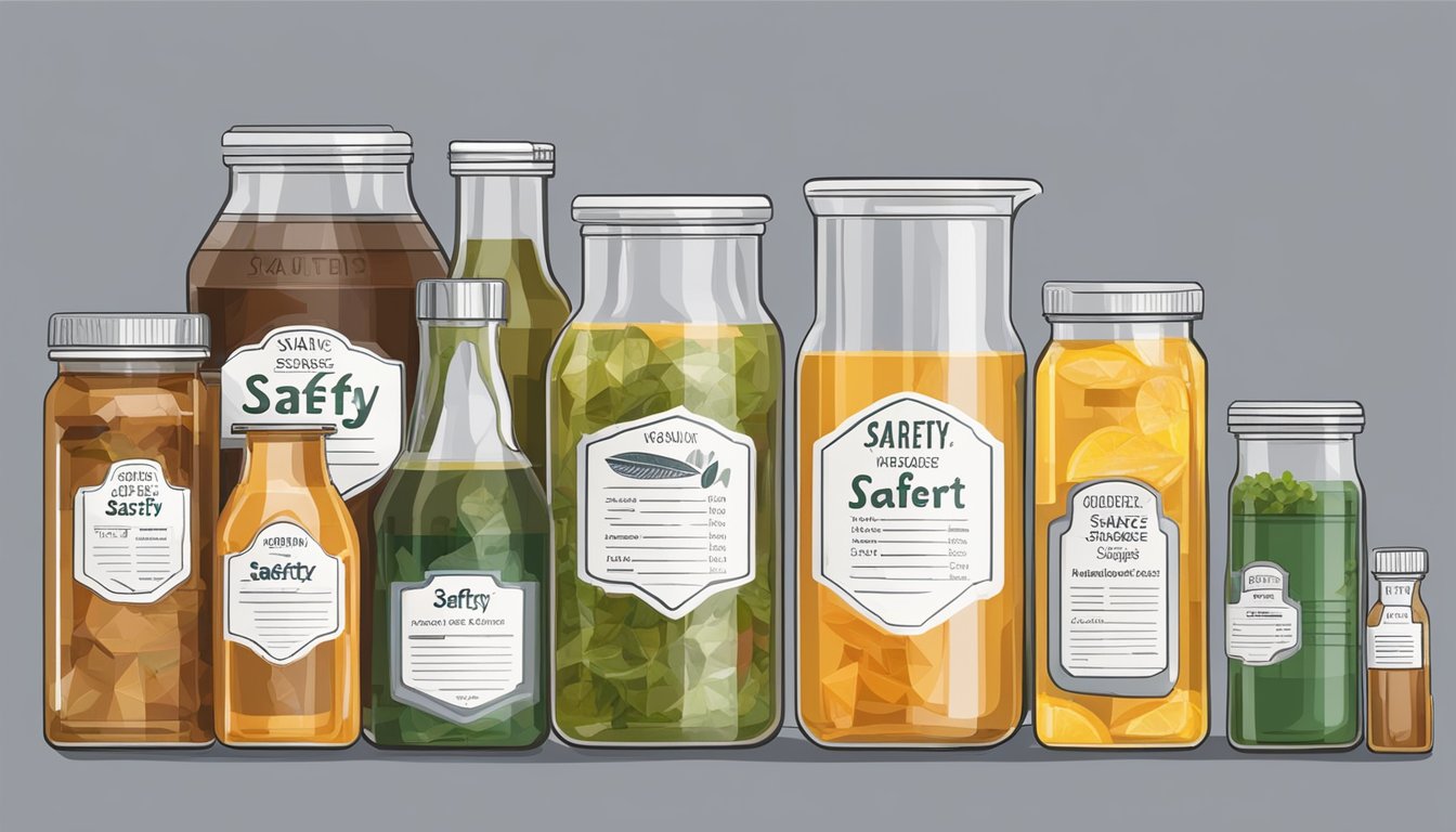 A clear measuring cup filled with marinade, surrounded by various bottles and containers labeled "safety" and "storage."