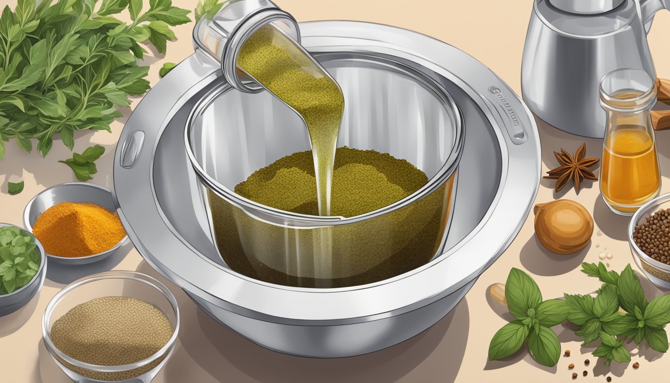 A clear measuring cup filled with marinade being poured into a bowl surrounded by various spices and herbs on a kitchen countertop