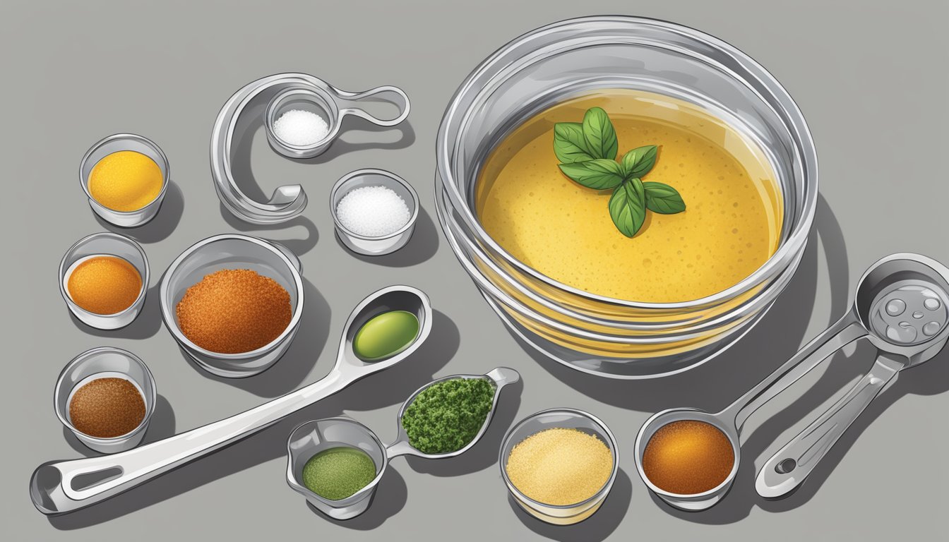 A clear measuring cup filled with liquid, surrounded by various sized measuring spoons and a small bowl of marinade ingredients