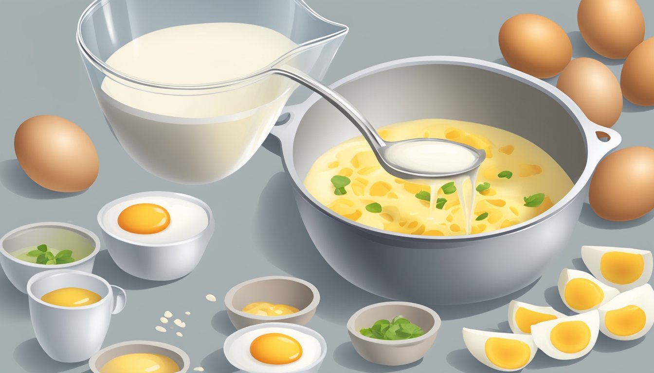 A measuring cup pouring milk into a mixing bowl with eggs and other ingredients for quiche filling