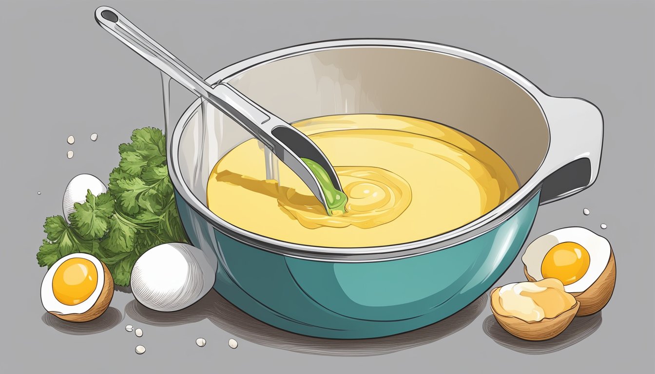 A measuring cup pouring liquid into a mixing bowl with eggs and other ingredients for quiche filling