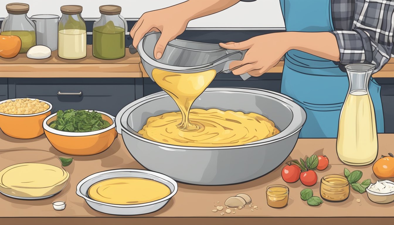 A hand pouring a measured amount of liquid into a mixing bowl surrounded by various ingredients and a pre-baked quiche crust on a kitchen counter