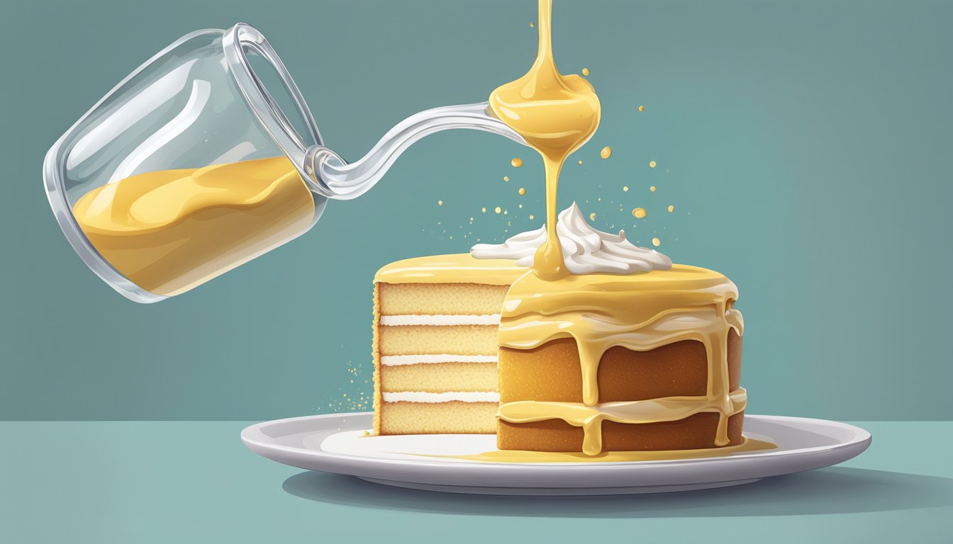 A measuring cup pouring liquid onto a cake, with a glaze cascading down the sides