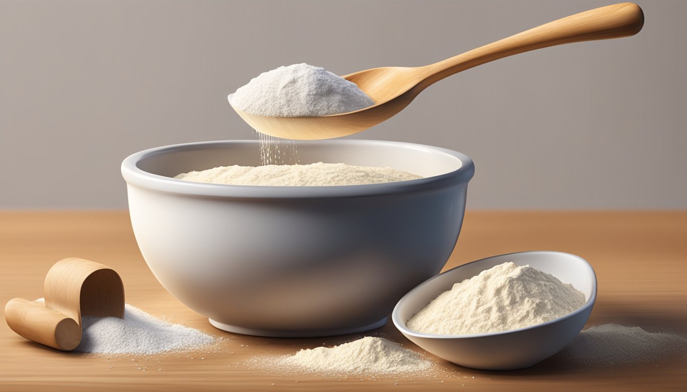 A measuring cup pouring liquid into a mixing bowl of flour and yeast with a wooden spoon nearby