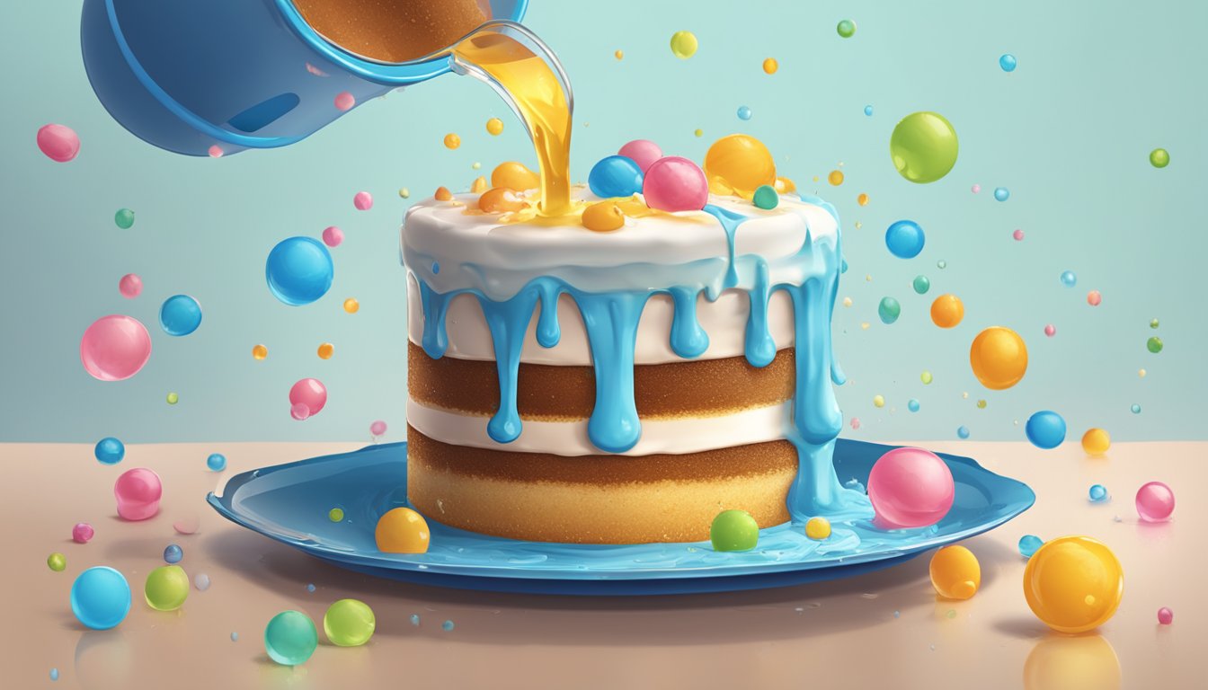 A measuring cup pouring liquid over a cake, with droplets splashing and spreading across the surface