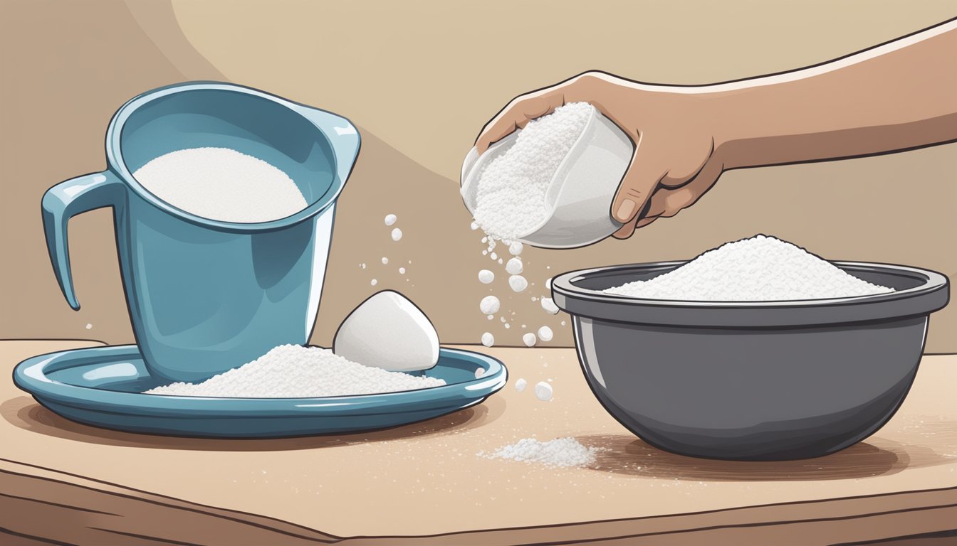 A hand pouring water into a measuring cup, while a bowl of flour sits nearby