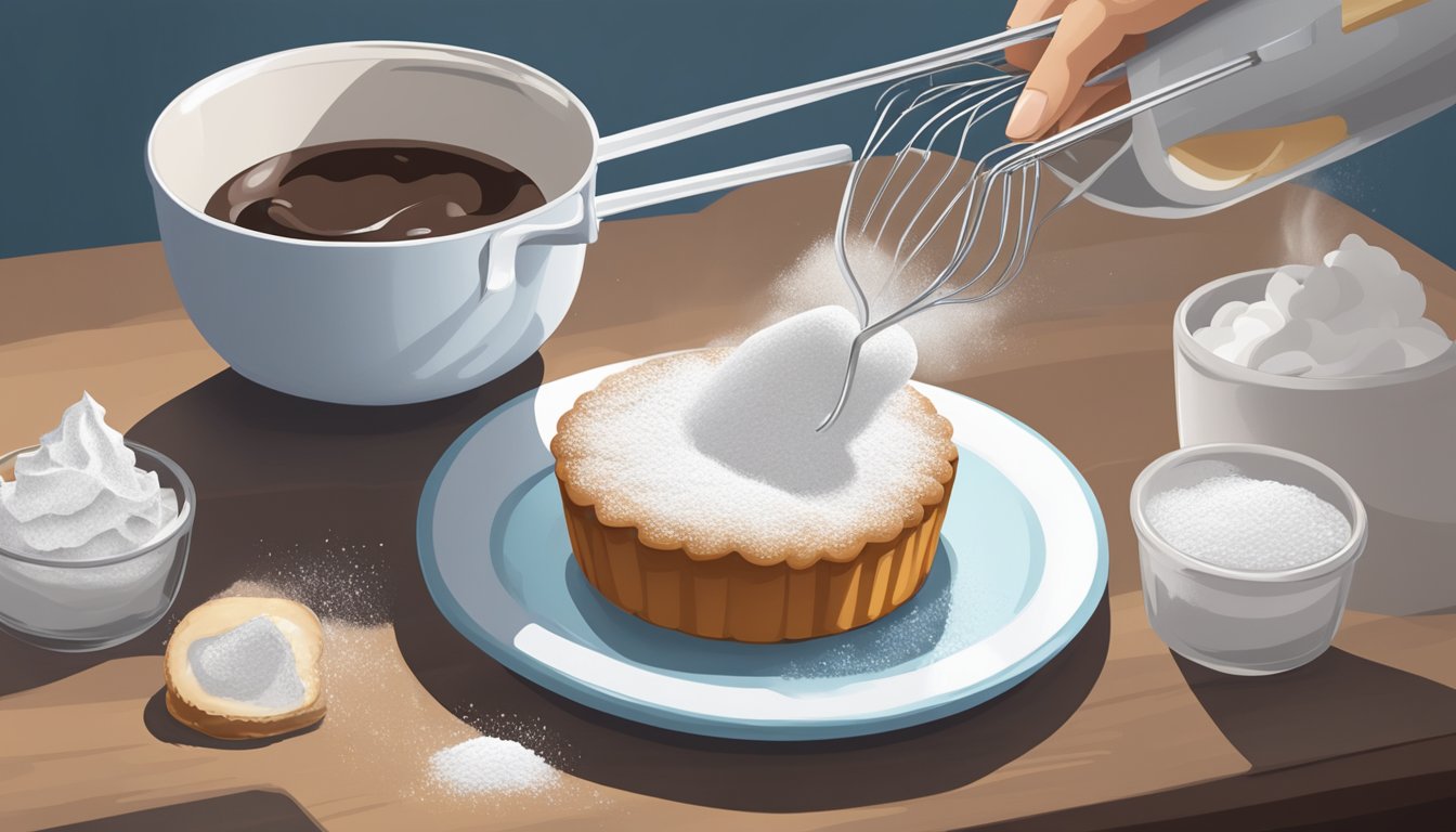 A measuring cup pouring liquid into a bowl of powdered sugar, with a whisk nearby and a freshly baked cake on a cooling rack