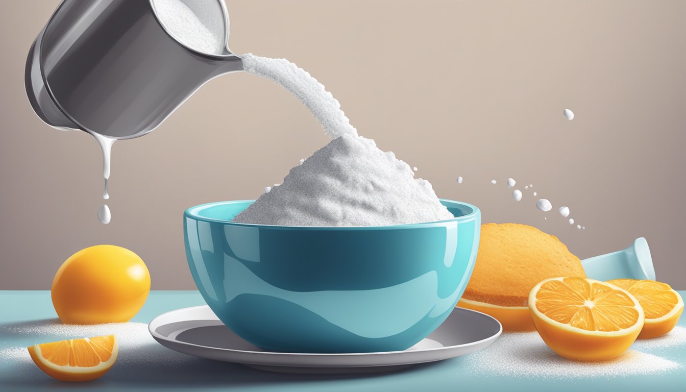 A measuring cup pouring liquid into a mixing bowl with powdered sugar, creating a smooth and glossy cake glaze