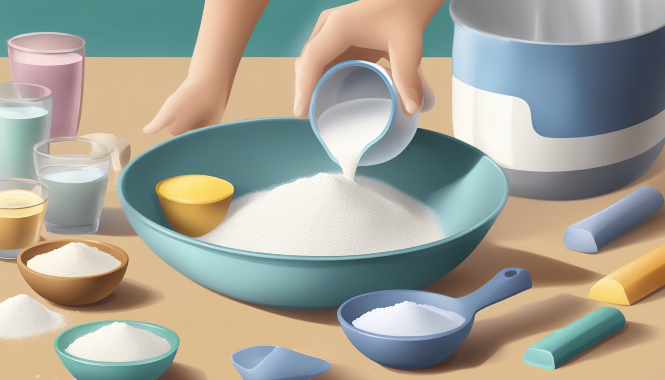 A clear measuring cup pouring water into a mixing bowl of flour