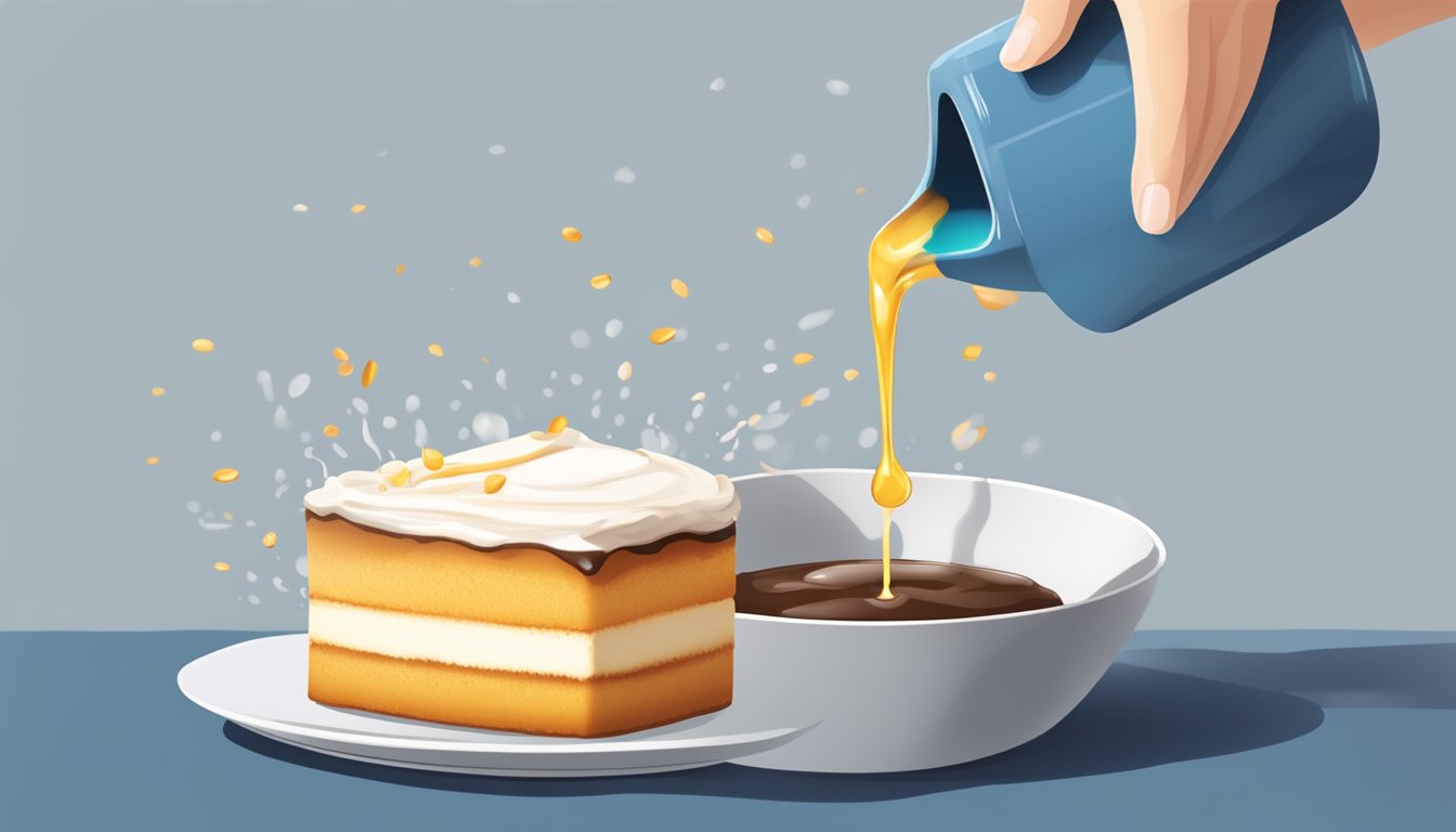 A small bowl of clear liquid being poured over a freshly baked cake, with the glaze spreading smoothly over the surface