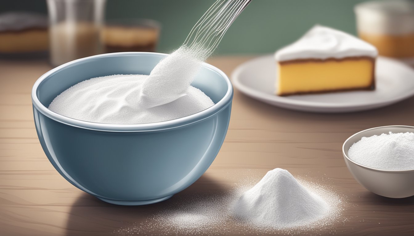 A measuring cup pouring liquid into a bowl of powdered sugar, with a whisk nearby and a cake in the background