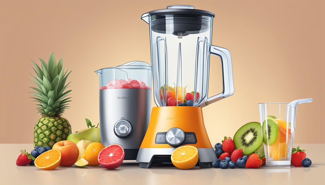 A blender filled with fruit and ice, next to a measuring cup pouring liquid into it