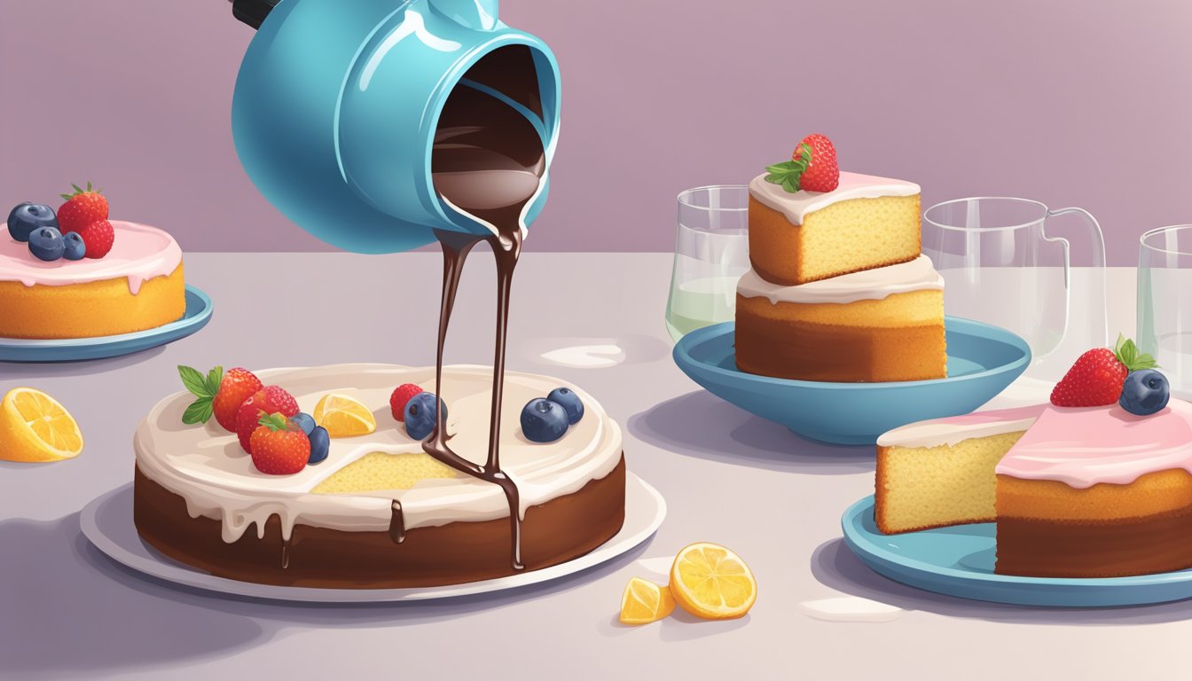 A measuring cup pouring liquid onto a cake, with the glaze spreading evenly over the surface