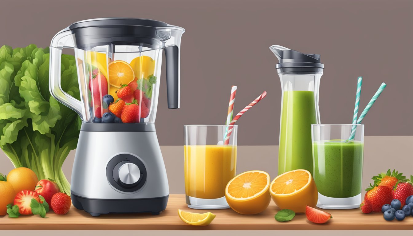 A measuring cup pouring liquid into a blender filled with fruits and vegetables for a smoothie