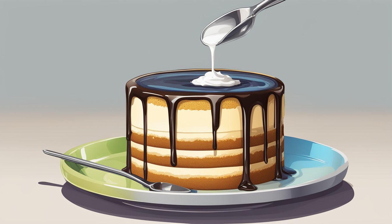 A measuring cup pouring liquid onto a cake, with excess glaze dripping down the sides