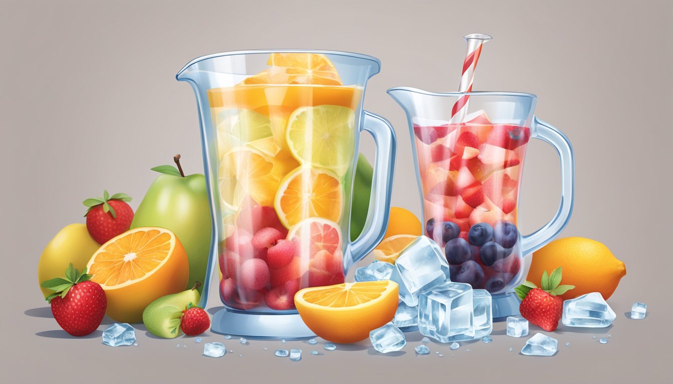 A measuring cup pouring liquid into a blender filled with fruit and ice