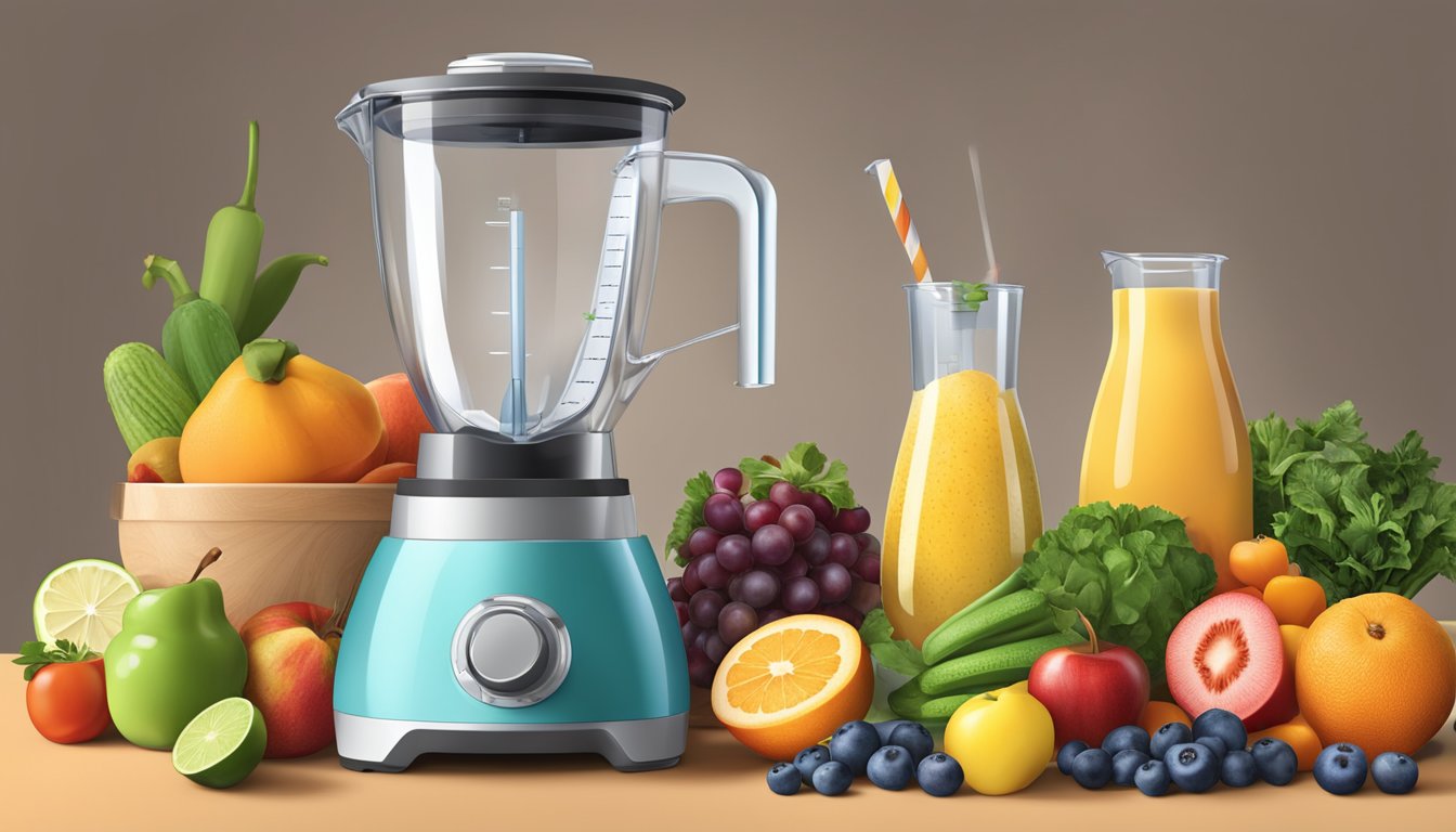 A measuring cup pouring liquid into a blender with fruits and vegetables nearby