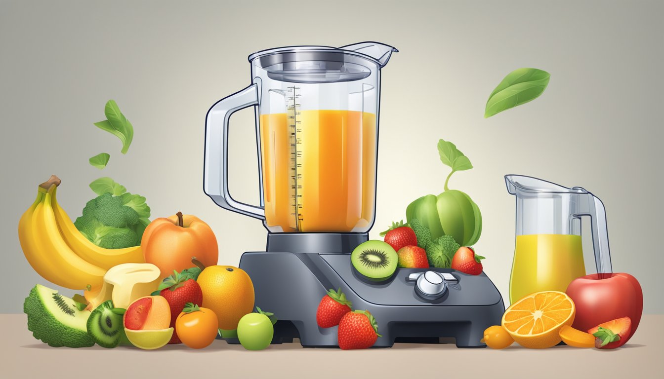 A measuring cup pouring liquid into a blender filled with fruits and vegetables