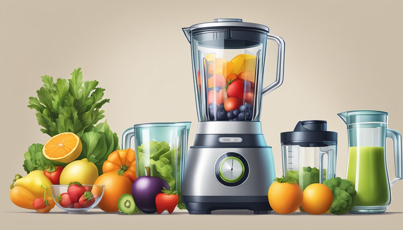 A blender filled with fruits and vegetables, a measuring cup pouring liquid, and a scale for precise measurements