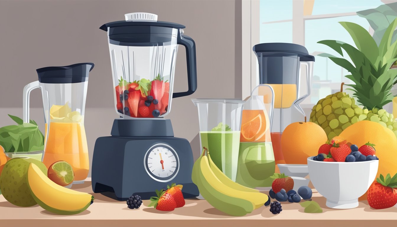 A hand pouring ingredients from measuring cups into a blender. Fruits and liquids displayed on a countertop. A measuring scale nearby