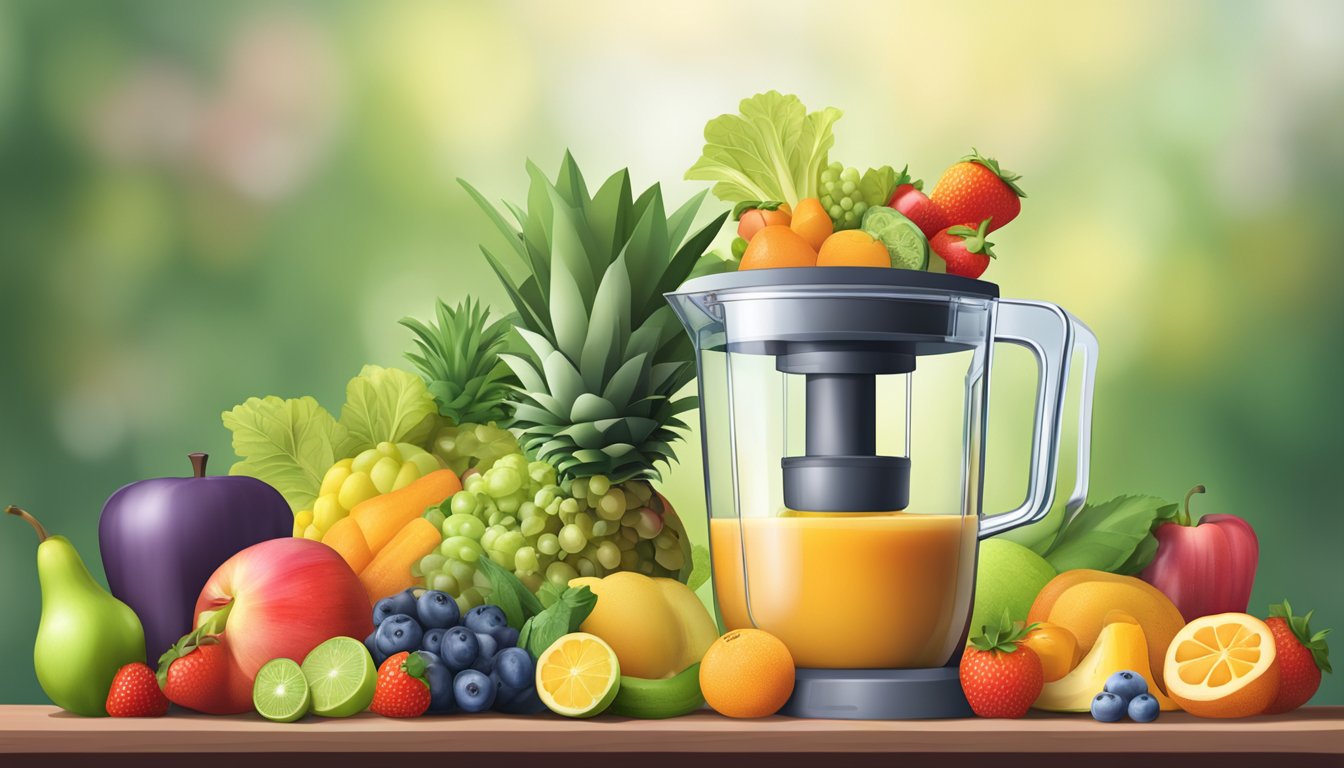 A measuring cup filled with liquid pouring into a blender surrounded by various fruits and vegetables